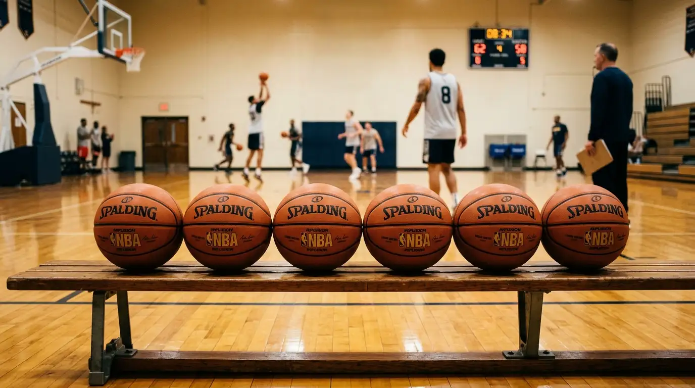 Varias bolas de basquetebol da NBA alinhadas num banco ao lado de um campo