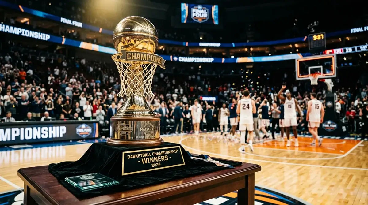 Trofeu de basquetebol da NBA sobre uma mesa com um campo ao fundo desfocado