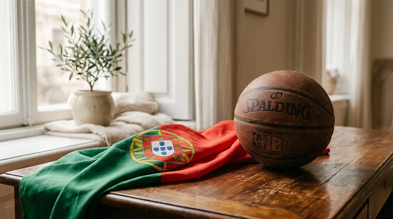 Bandeira de Portugal ao lado de uma bola de basquetebol sobre uma secretária com documentos
