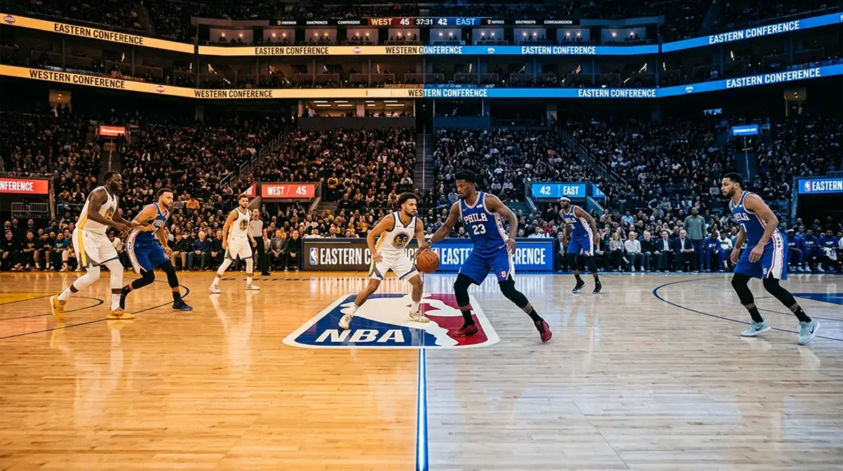 Campo de basquetebol da NBA dividido ao meio com iluminacao diferente em cada lado
