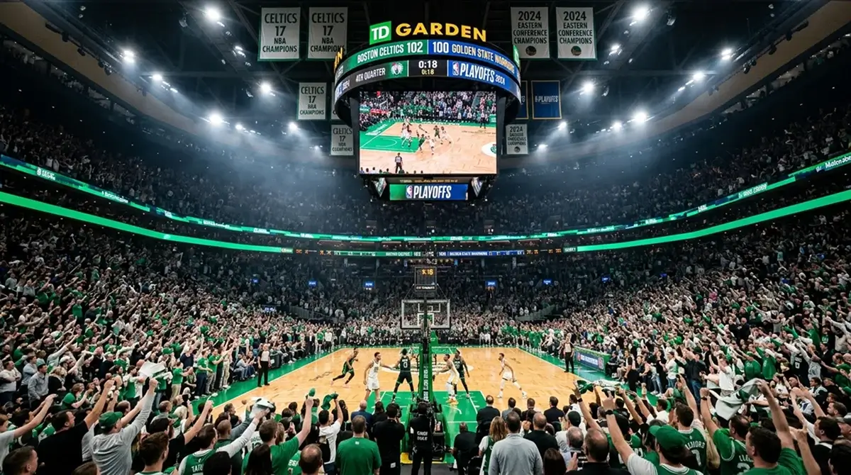 Pavilhao de basquetebol da NBA lotado durante um jogo de playoffs