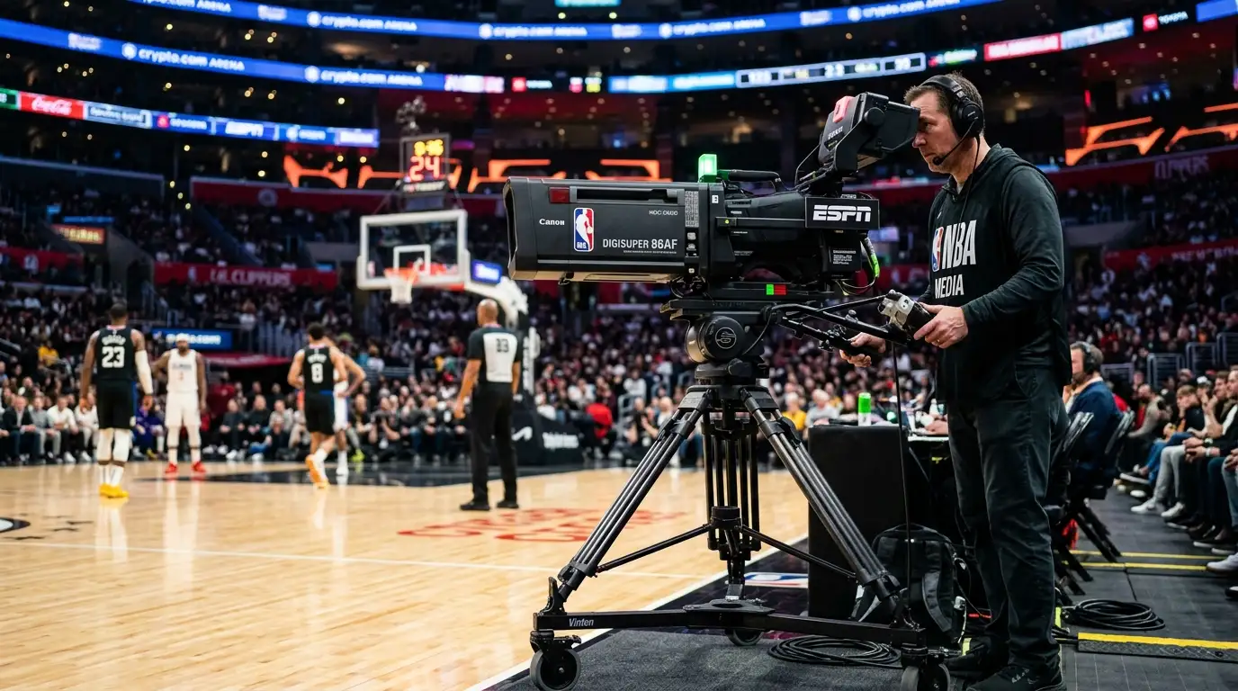 Camera de televisao profissional a filmar um jogo de basquetebol da NBA num pavilhão