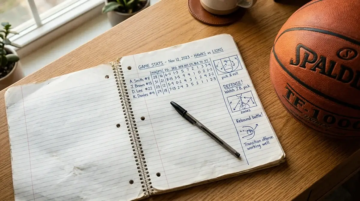 Caderno de análise com métricas de basquetebol NBA e caneta sobre uma secretária