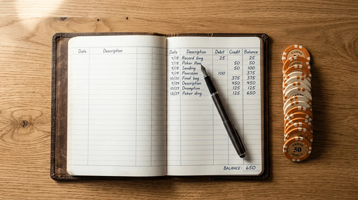 Mãos a organizar fichas e notas sobre uma mesa com caderno de registos de apostas