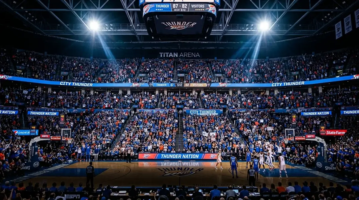 Bancada de um pavilhão de basquetebol da NBA vista do court com adeptos ao fundo