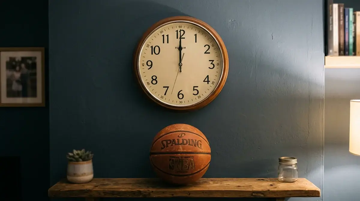 Relogio de parede a marcar a meia-noite com uma bola de basquetebol da NBA ao lado