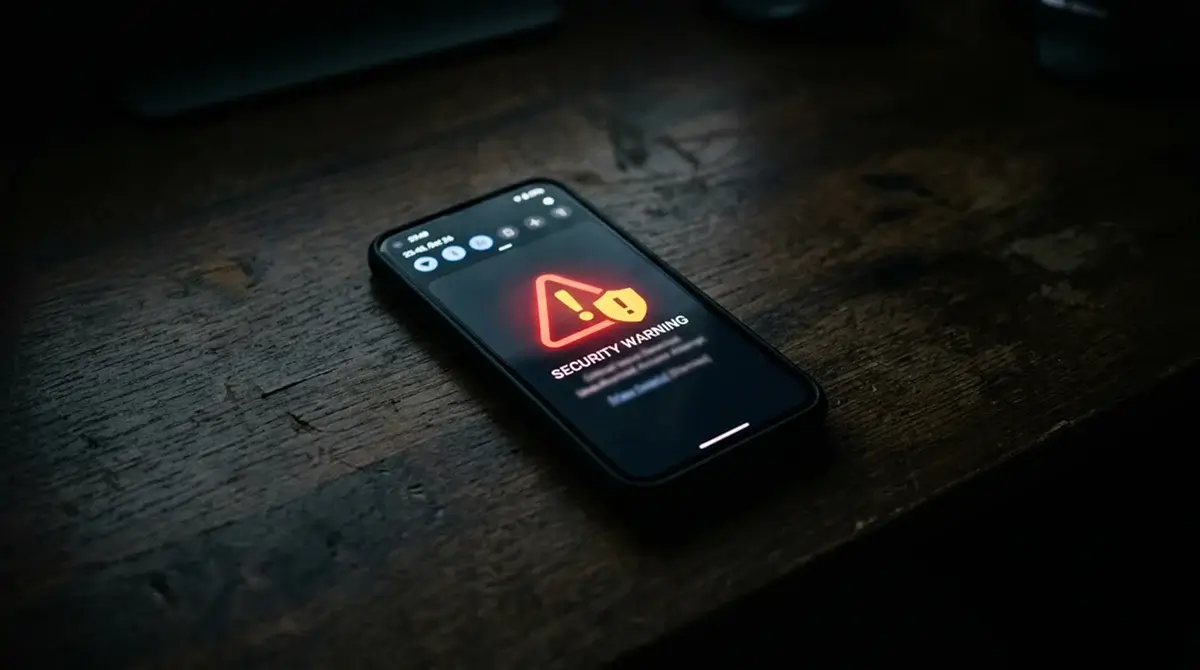 Ecrã de telemóvel com um aviso de seguranca sobre uma mesa escura