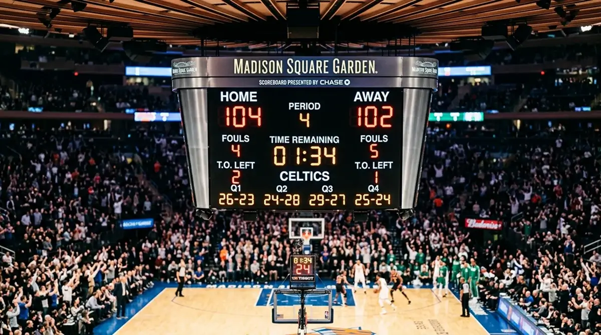 Marcador electronico de basquetebol da NBA mostrando uma corrida de pontos num jogo ao vivo
