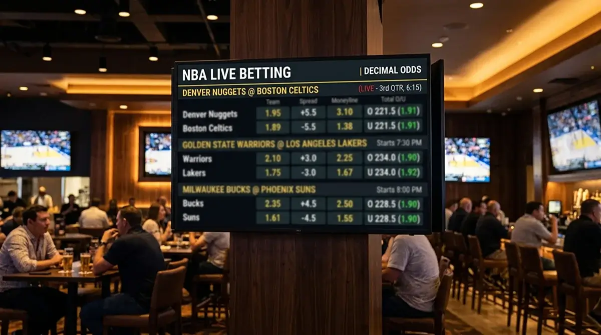 Painel de odds de basquetebol da NBA em formato decimal num ecra de apostas