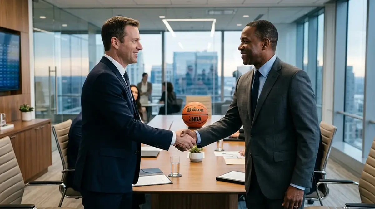 Aperto de mao num ambiente corporativo com uma bola de basquetebol da NBA sobre a mesa