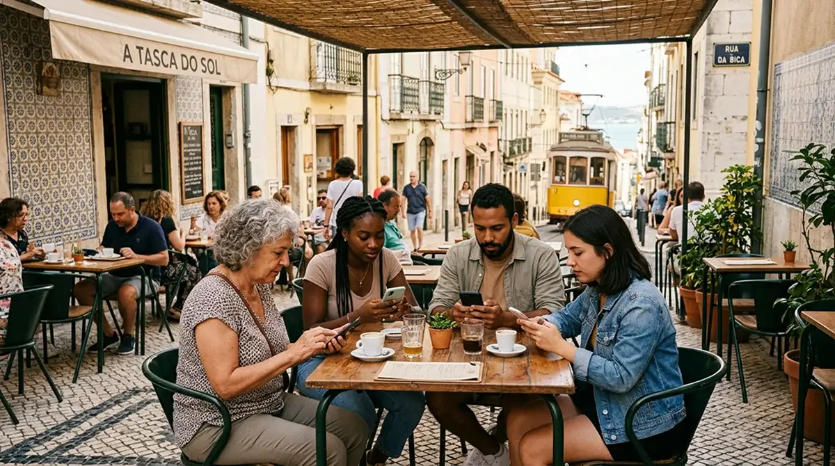 Grupo diverso de pessoas a olhar para telemoveis num cafe em Portugal