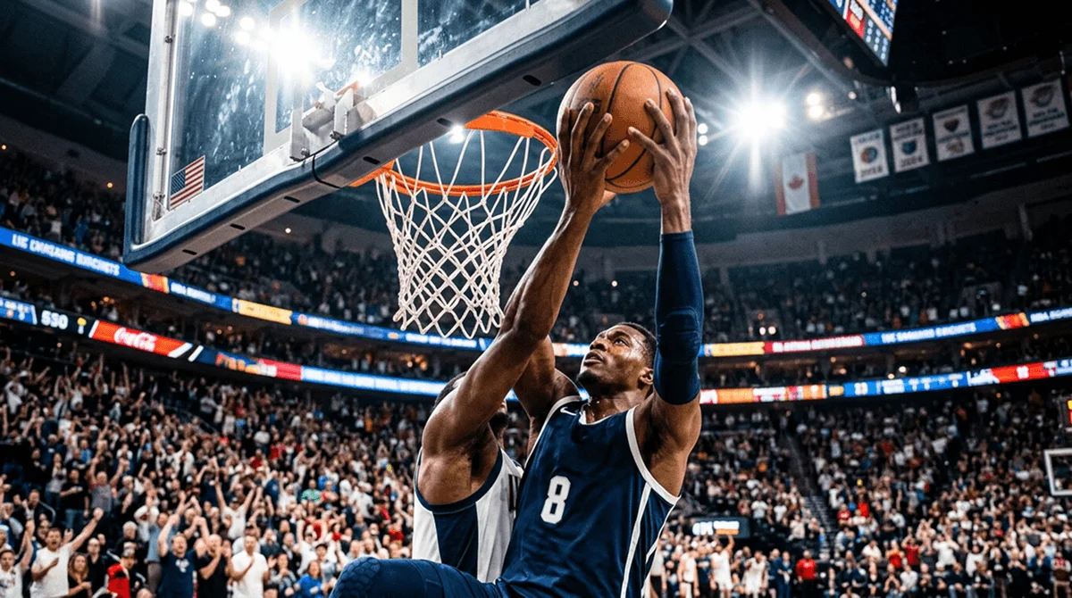 Jogador de basquetebol NBA em acção no garrafão visto de perto durante um jogo