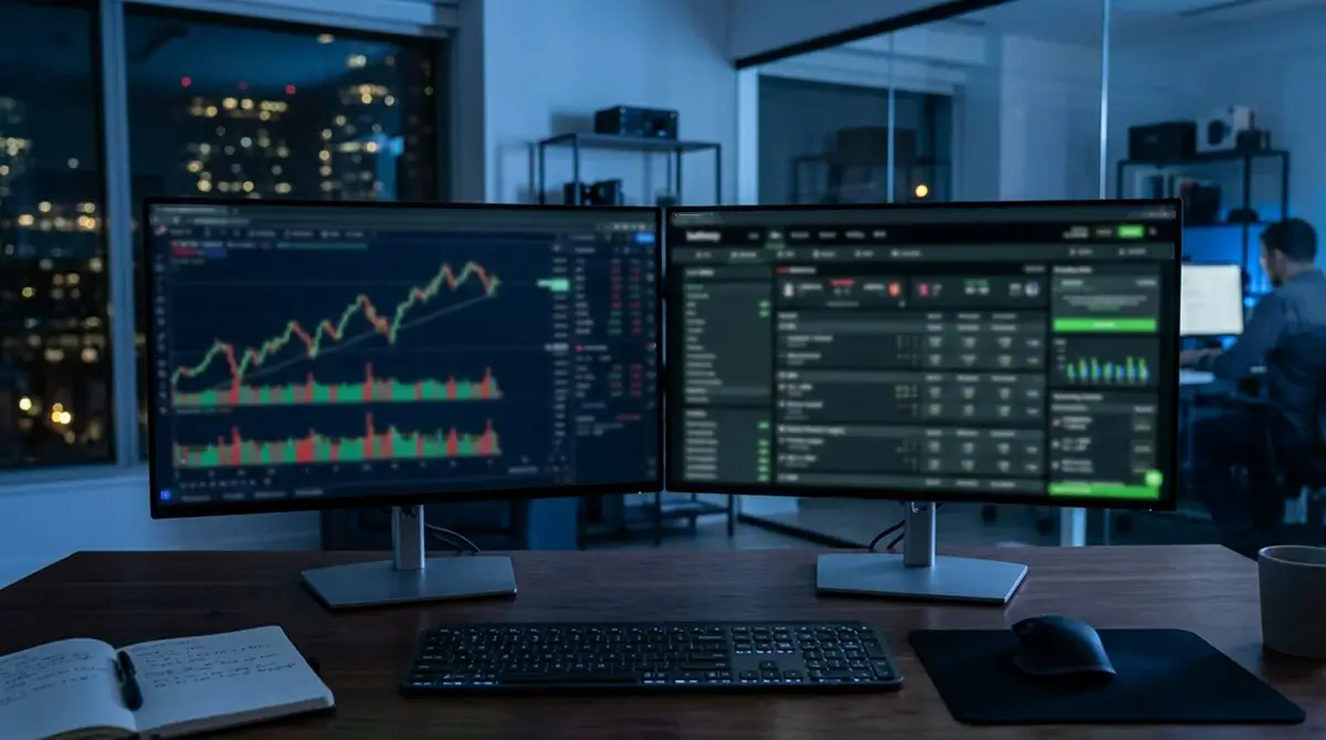 Dois ecras de computador lado a lado mostrando gráficos financeiros e dados desportivos
