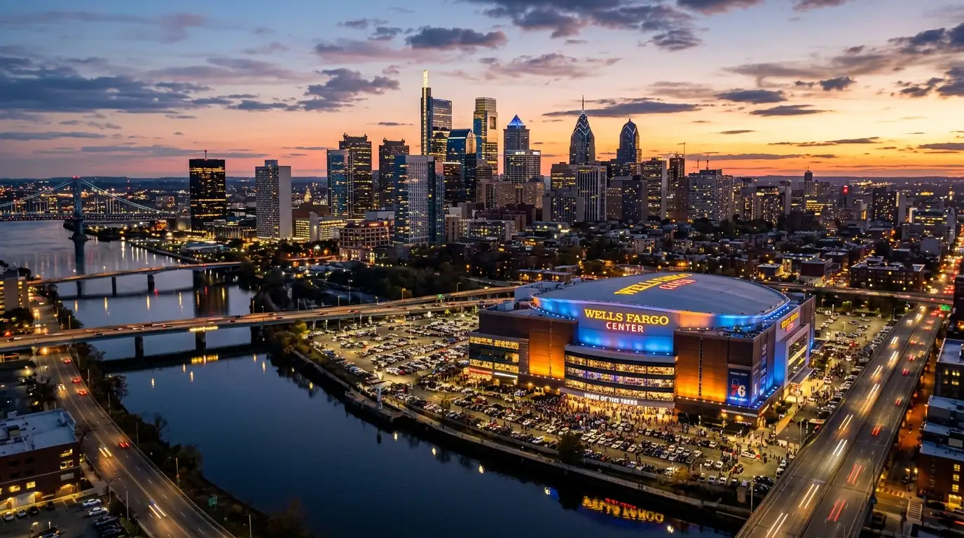 Skyline de uma cidade americana ao entardecer com um estadio desportivo iluminado