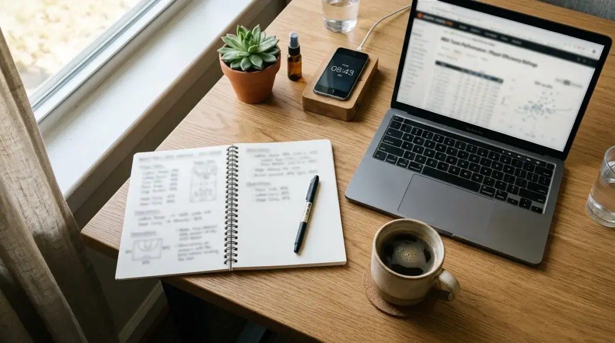 Secretária organizada com caderno aberto, caneta e computador portatil com dados de basquetebol