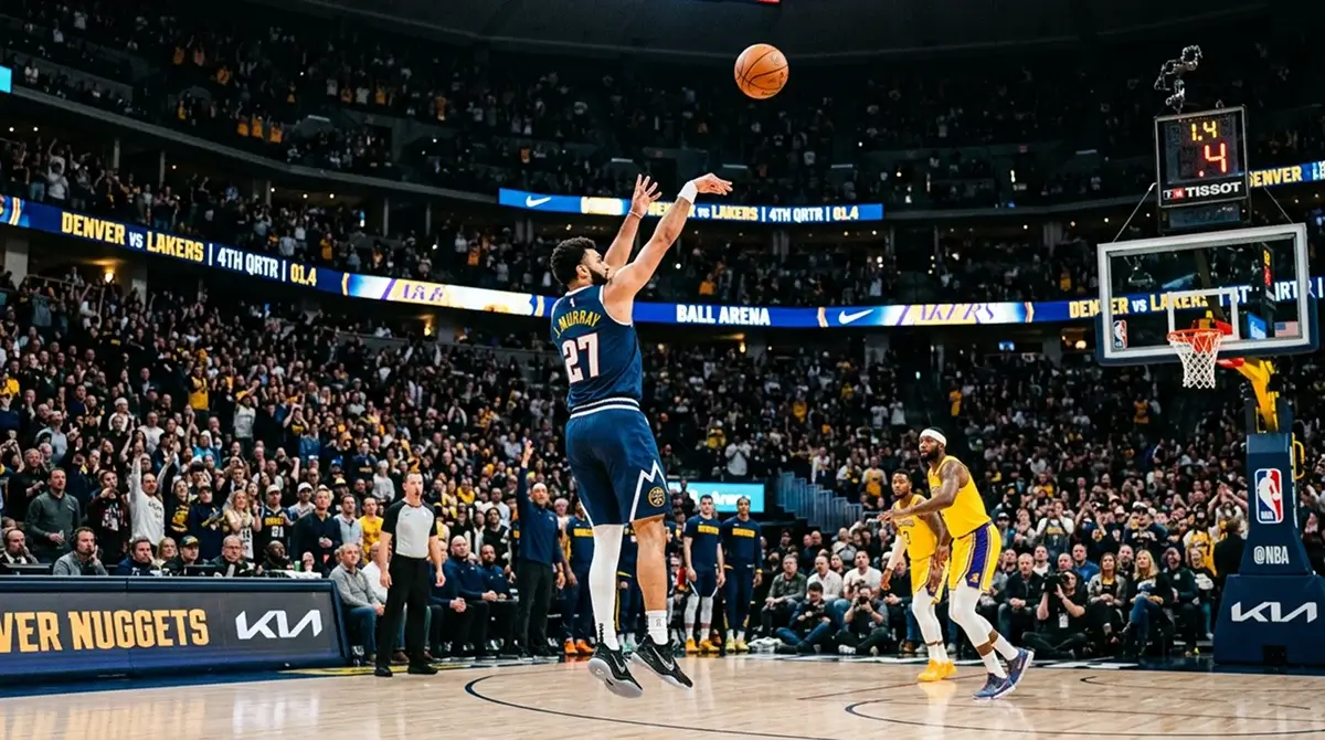Jogador de basquetebol a lancar de três pontos num pavilhão da NBA